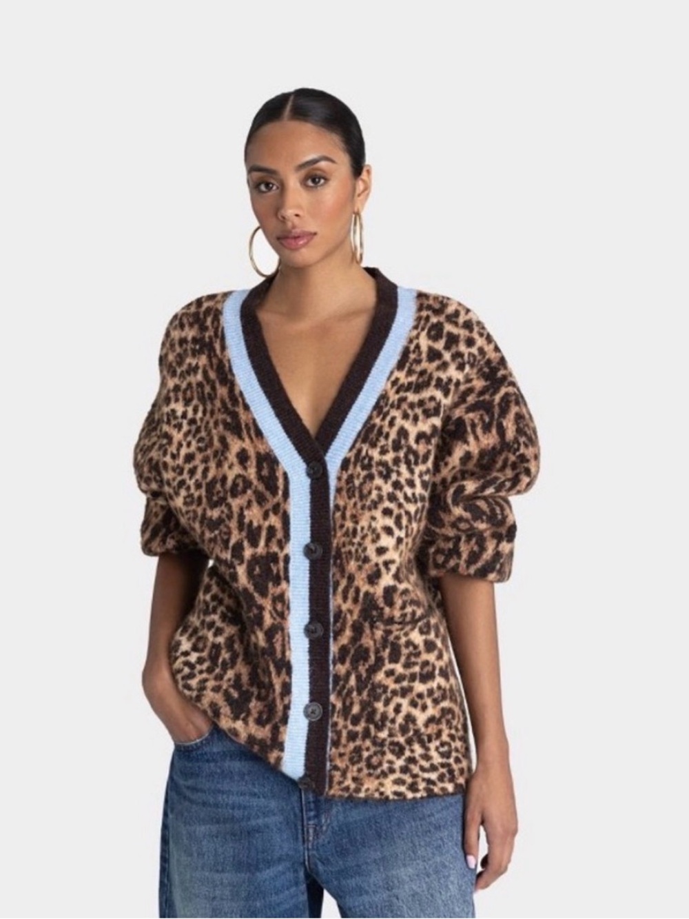 KBB By Kahlana Leopard Print V-Neck Cardigan with Blue Trim
